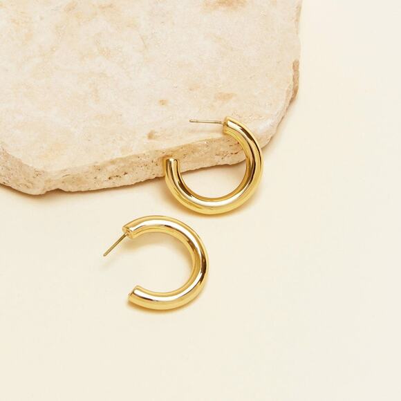 Chunky Gold Hoop Earrings, 22mmx5mm Thick Round Tube Studs, Gold Plated Silver - Picture 2 of 5